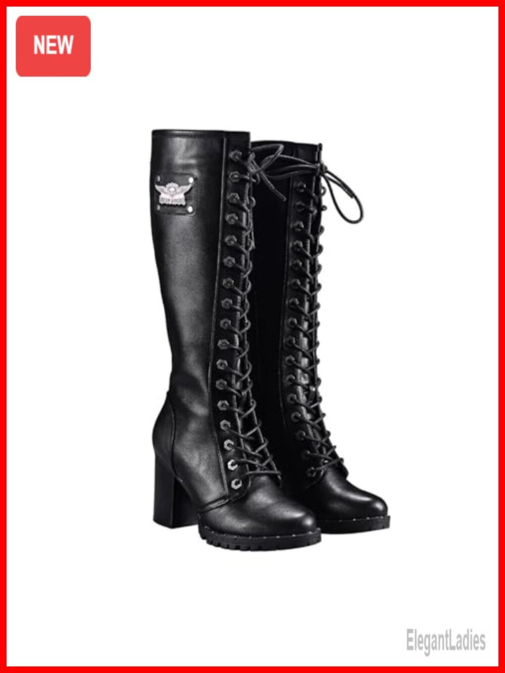 Women's Faux Leather Knee High Lace Up Boots Chunky Heel Side Zip Riding Boots
